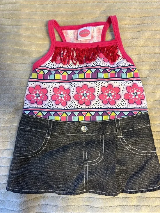 Pink Floral Fringe Denim-Style Dog Dress