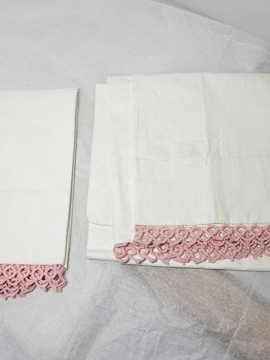 Vintage Set Woolco Muslin Cotton Pillowcases With Pink Crochet Lace Trim
