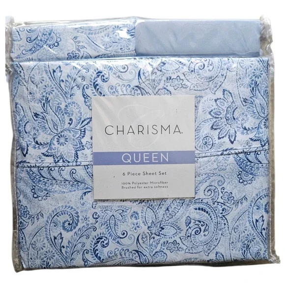 Charisma Queen 6 Piece UNBOXED Sheet Set Blue White  Bed Sheets Paisley NEW