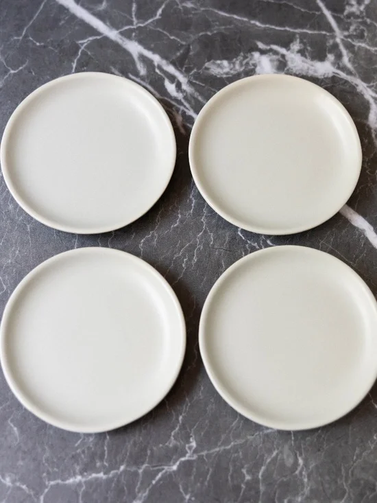 Set of 4 gray small ceramic plates Crate and Barrel made in Thailand 4.5 inches