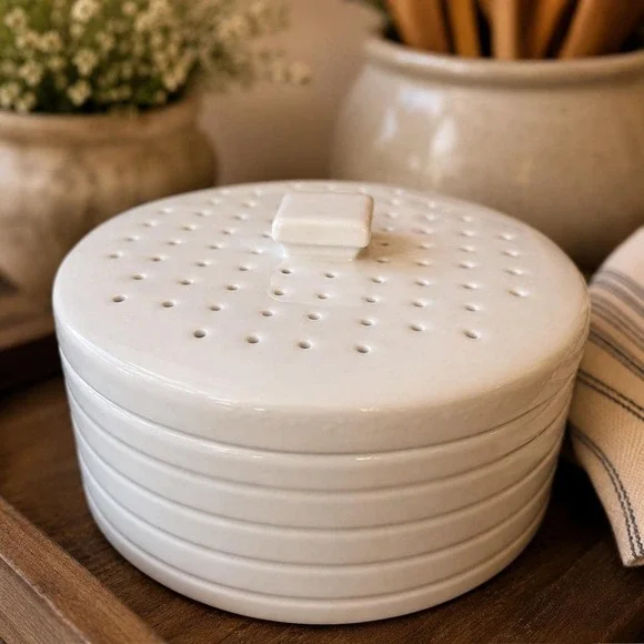Vintage Crate & Barrel Pancake Warmer - White Ribbed Stoneware Vented Lid Dish