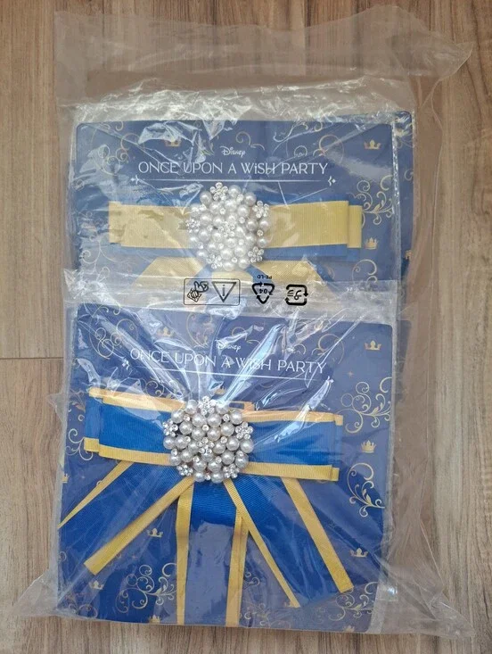 Disney Once Upon A Wish Party Blue/Gold Pearl Cluster Ribbon Bows Sashe 10 each