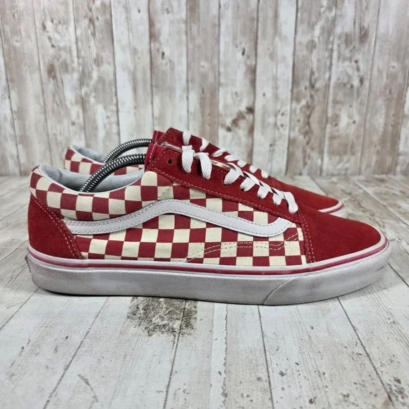 Vans Old Skool Red White Checkerboard Suede Canvas Skate Shoes Mens 11
