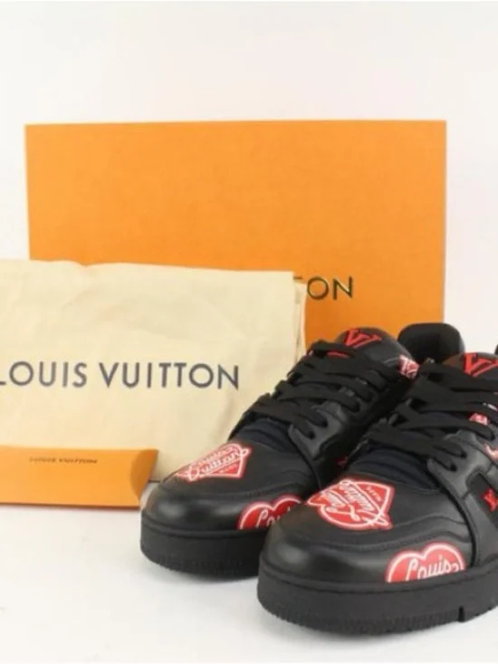 Louis Vuitton Black Leather Sneakers with Red Logo Accents