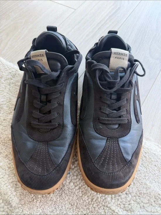 Hermes Black Leather & Suede Sneakers with Gum Sole