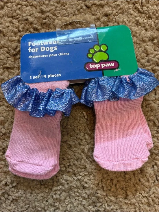 Top Paw Pink Dog Socks with Sparkling Blue Ruffle Trim