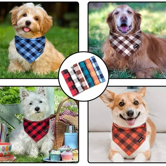 Pet Bandanas Plaid Buffalo Check Dog Cat  Scarf 6pcs
