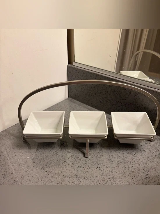 Crate & Barrel 3-Piece White Ceramic Square Bowl Server with Metal Stand