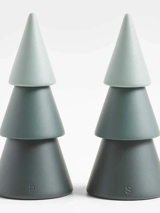 Crate & Barrel Green Trees Wooden Salt and Pepper Shakers