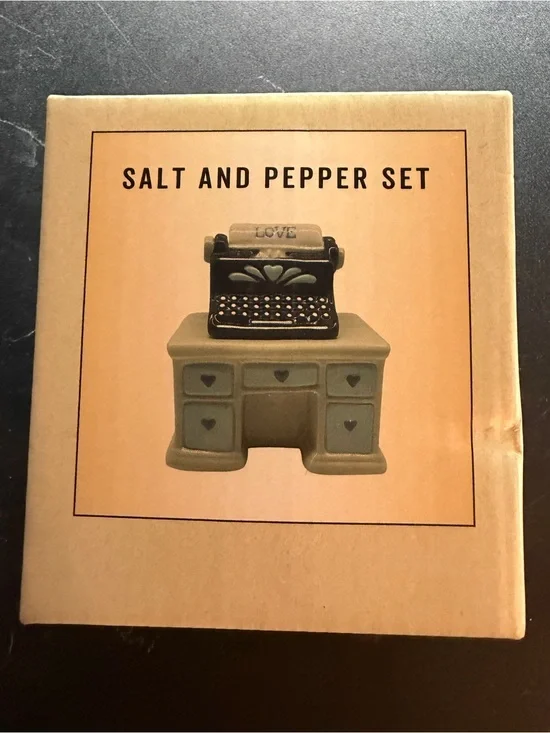New Crate & Barrel Salt & Pepper Shaker Set Desk & Typewriter Love Blue Black