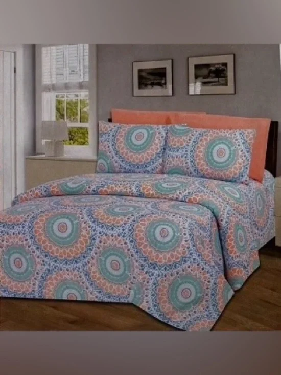 Glory Home Printed Medallion sheet Set in Coral and Teal - Bedding style #1095