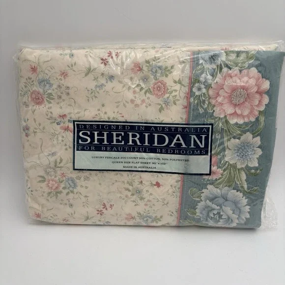 Vintage Sheridan Cordella Queen Flat Sheet Blue Cream Floral Cottagecore NIP