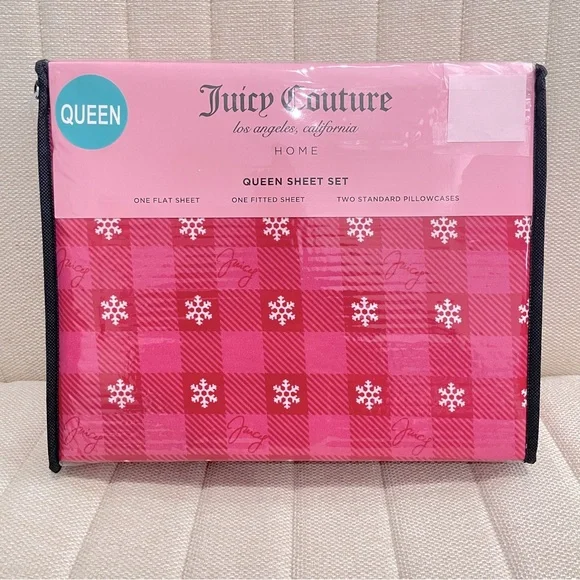 NEW Juicy Couture Queen Sheet Set‎ Pink Buffalo Plaid Snowflake 4 Piece Holiday