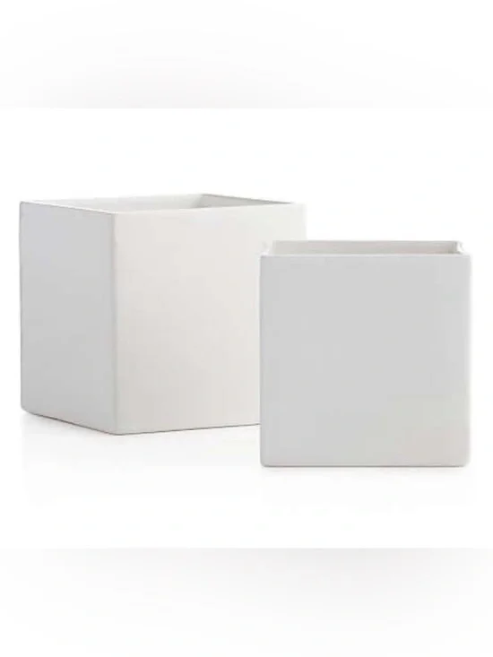 Crate & Barrel White Square Cube Ceramic Orchid Vase Planter Made in Portugal
