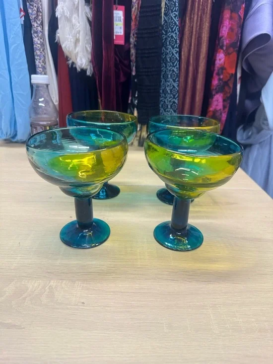 Crate & Barrel Salud Azul Blue, Green & Yellow Ombre Margarita Glasses Set 4