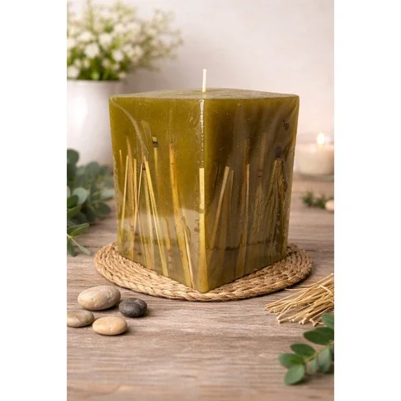 Crate & Barrel Bamboo‎ Pillar Candle Green 5