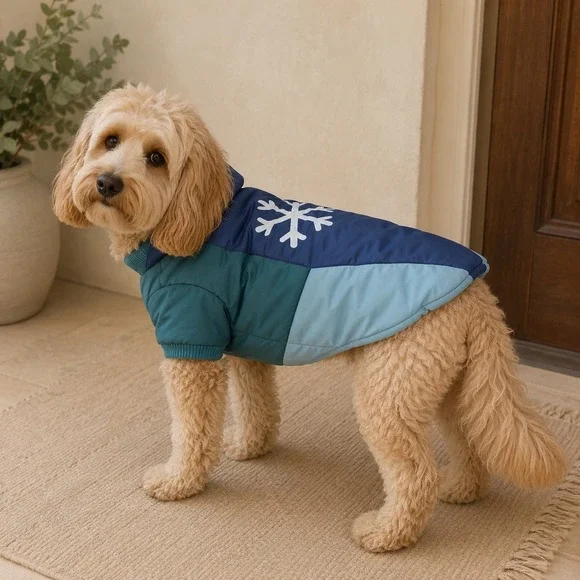 Posh Paws‎ Blue Teal Snowflake Dog Puffer Jacket Fleece Lined Coat Large NWT