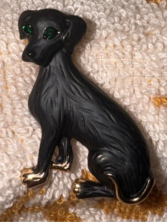 Hound Puppy Matte Black with Gold Accents w/ Crystal Green Eyes Pet Brooch