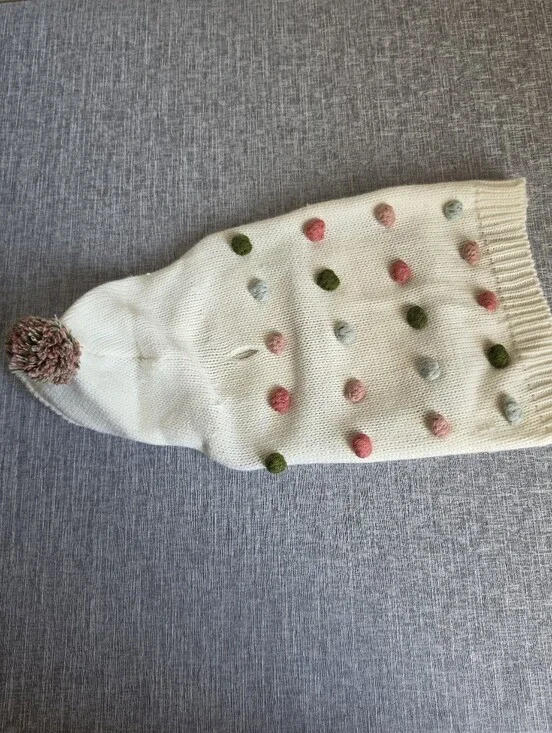 NWOT Rachel Zoe Cream Pink Green Dog Sweater Pom Pom Size Small