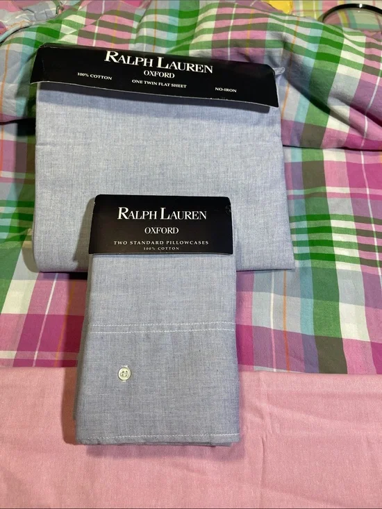 New Ralph Loren 100% Kotten Oxford, Blue, twin flat sheet and two pillowcases
