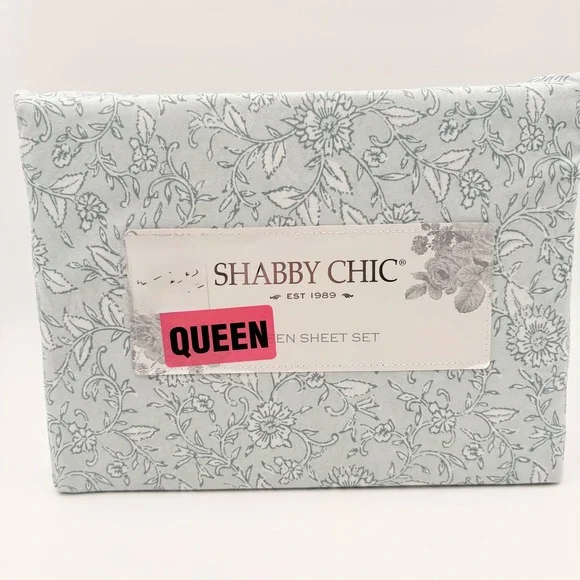 Shabby Chic Queen Sheet Set Light‎ Blue White Floral Toile 4pc Microfiber NEW