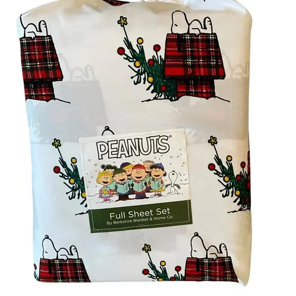 Peanuts Snoopy & Woodstock PLAID Doghouse Christmas Tree FULL Sheet Set New