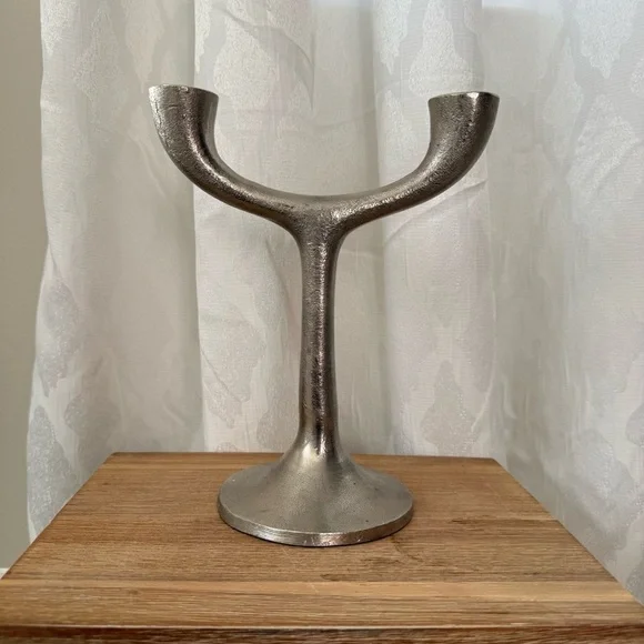 Crate & Barrel Double Taper Silver Metal Candle Holder