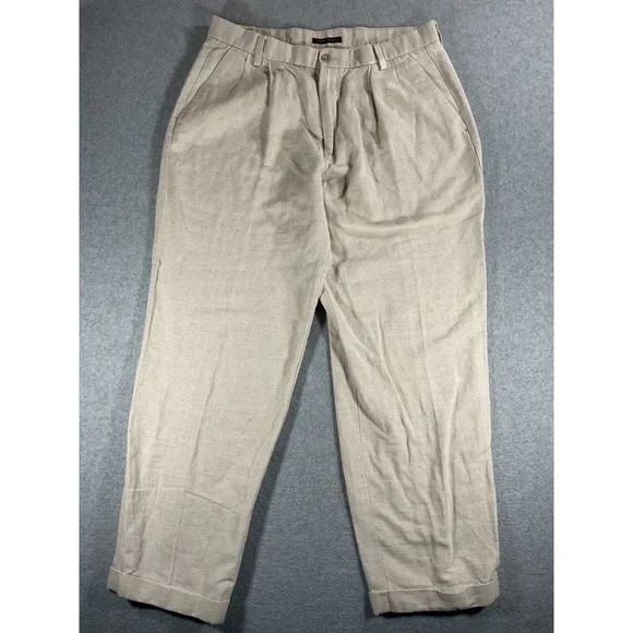 Dockers Premium Mens 33x32 Linen Cotton Pleated Relaxed Fit Cuffed Pants 1482