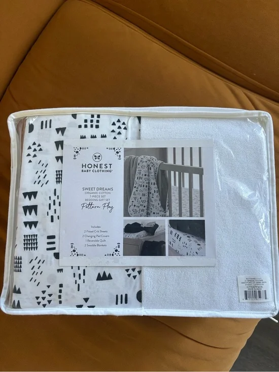 7pc SET HONEST ORGANIC COTTON White & Black Patterned Baby Bedding Set