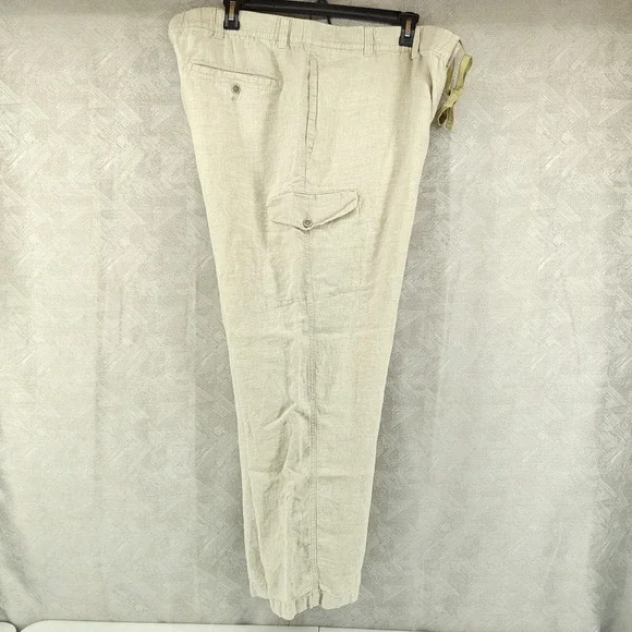 Caribbean Cargo Pants Mens 46x32 Beige 100% Linen Drawstring Tropical Vacation