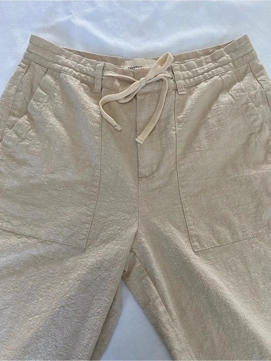 Men’s Beotyshow Beige Drawstring Linen-Blend Pants