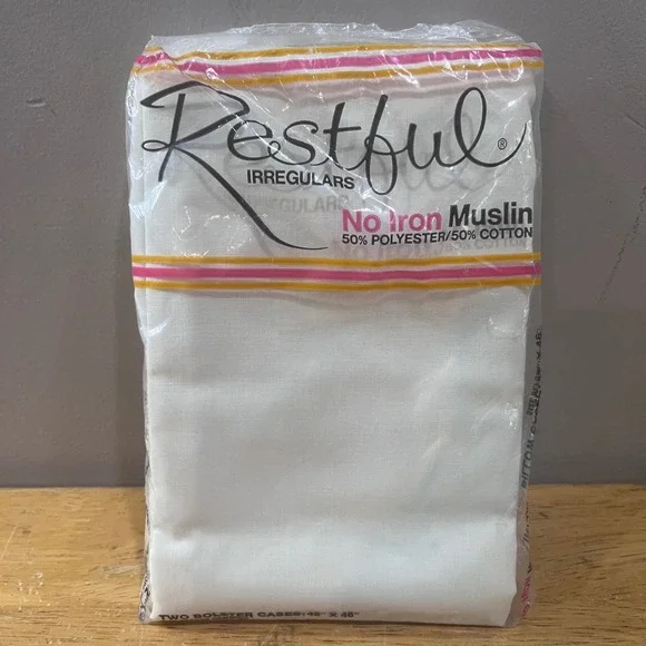 Vtg Restful No Iron Muslin White Bolster Pillowcase Set 2pk 42x46 Irregulars NIP