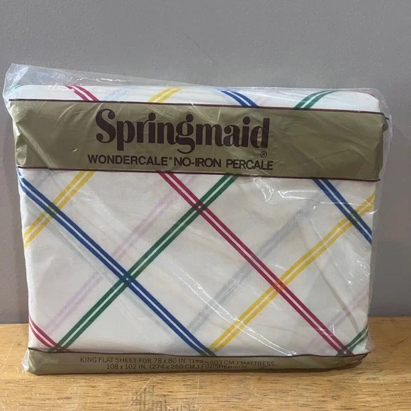 Vtg 80s Springmaid Wondercale King Flat Sheet Primeline Rainbow Grid Geometric
