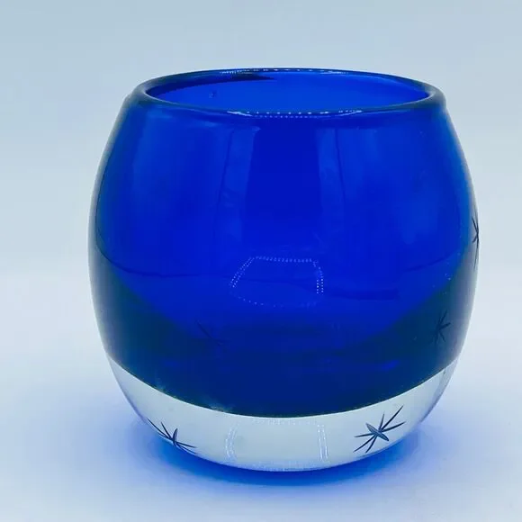 Cobalt Blue Starburst Etched Stars Glittery Glass Votive Candle Holder Poland