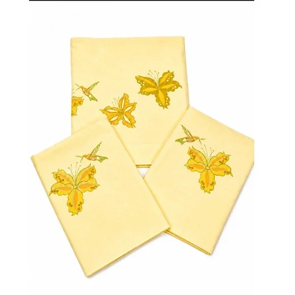 Vintage 70s Yellow Hummingbird Butterfly Flat Sheet and Pillowcase Set 3 Piece