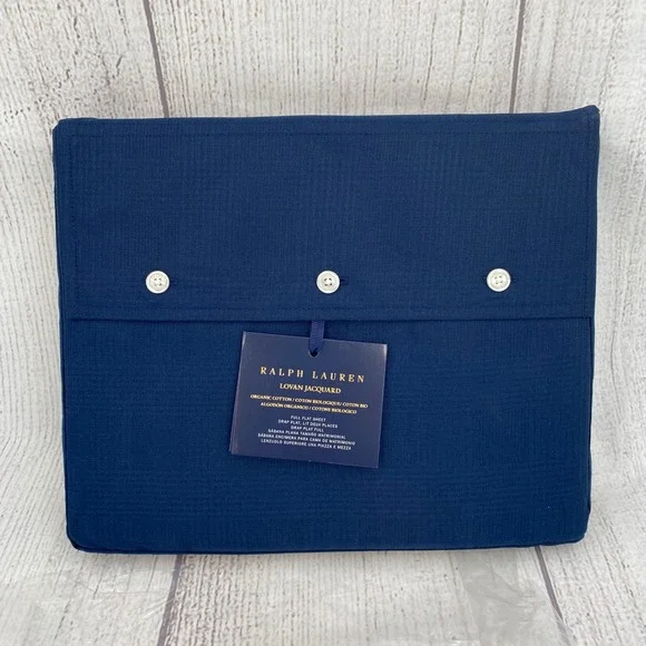 Ralph Lauren Lovan Jacquard Flat Sheet Full Navy Blue Organic Cotton Plaid
