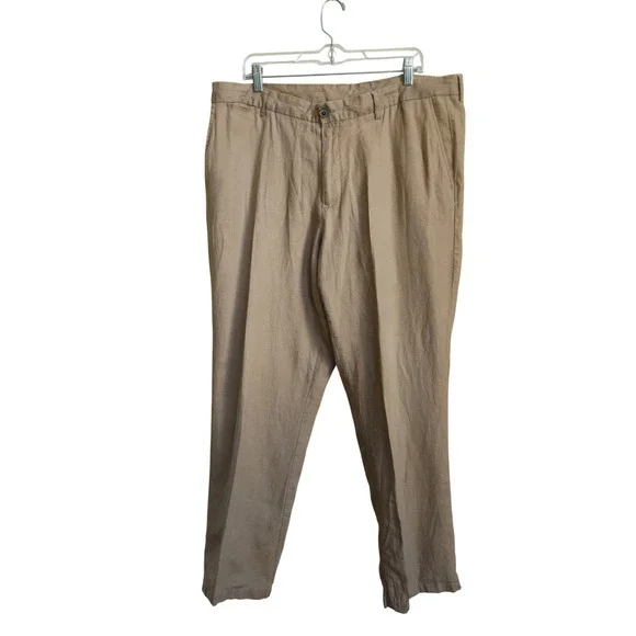 Tasso Elba ISLAND 38x32 Tan 100% Linen Straight Pants Beach Coastal Chic Lounge