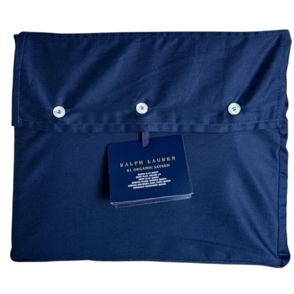 Ralph Lauren Queen Flat Sheet Organic Cotton Sateen Polo‎ Navy Blue NWT