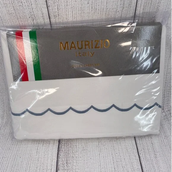 Maurizio Italy Queen Sheet Set White 100% Cotton Blue Scalloped Italian Linens
