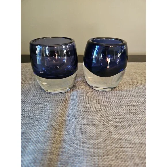 Vintage Polish Art Glass- Crate and Barrel Colbalt Blue Diva Votive Set Of Two