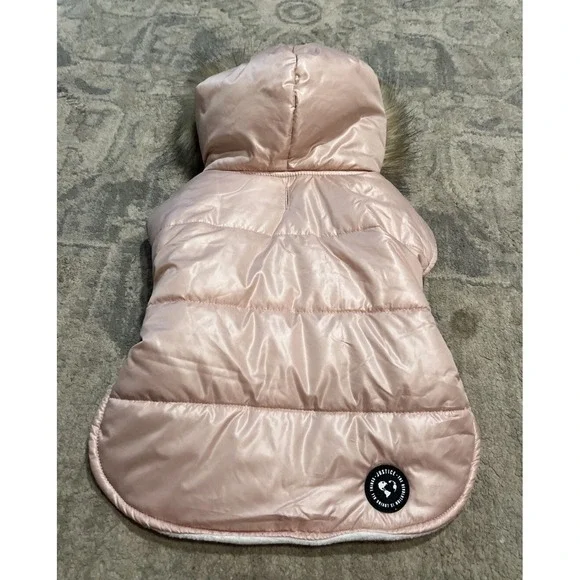 New Justice‎ Pet Reversible Puffer Jacket w/ Hood Sz Small Pink/white 13