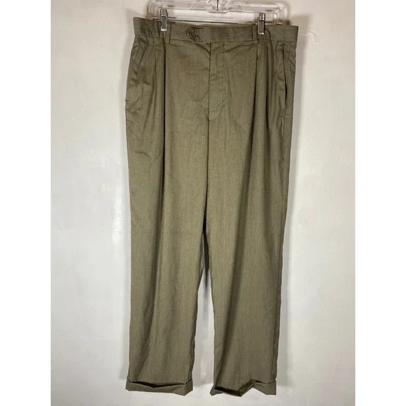 Luca Rossi 36x32 Italian Double Pleated Beige Tan Pinstripe Cuffed Dress Pants