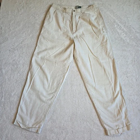 Baxter Brand Natural Clothing Co Mens 34 Cream Linen Blend Pleated Cuffed Pants