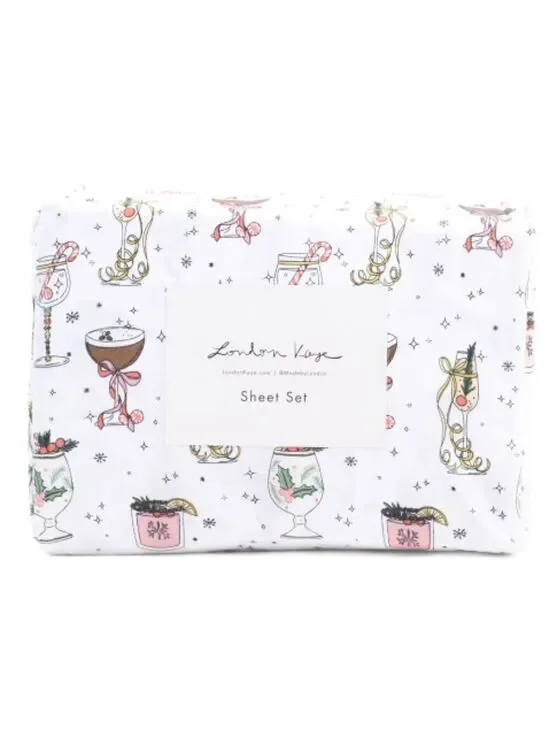 London Kaye Deck The Cocktails Christmas King Sheet Set New