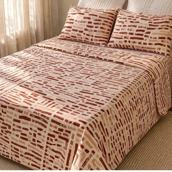 Brooklinen Luxe Sateen King‎ Sheet Set Terracotta Abstract 100% Cotton OEKO-TEX
