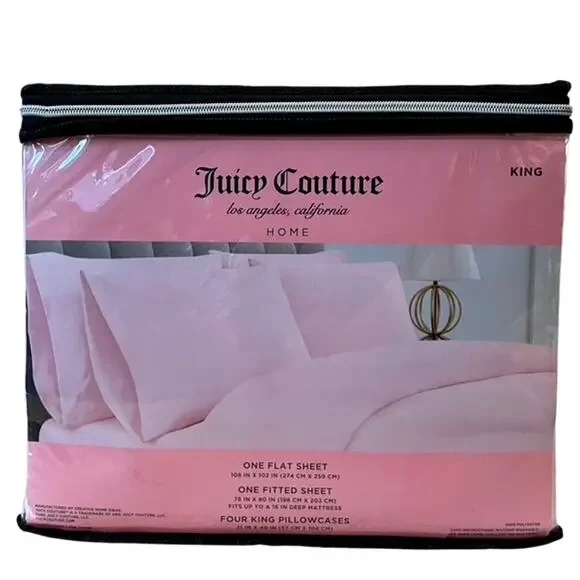 Juicy Couture KING Sheet Set 6pc Pastel Pink Plush Luxe Glam Bedding New
