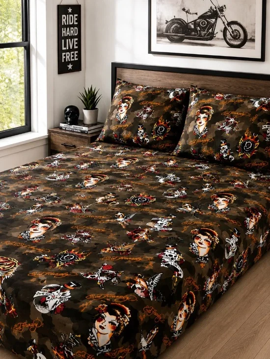 NWT Ed Hardy 6-Piece King Sheet Set Skull Geisha Tattoo Print King Bedding