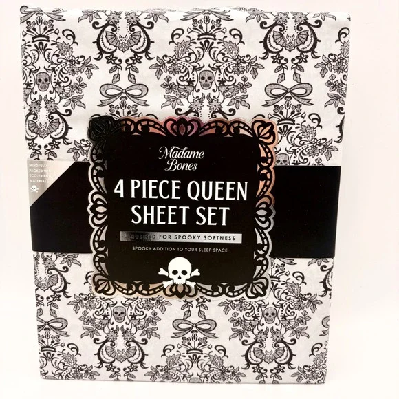 Madame Bones Queen Sheet Set Black Gray Skull Bat Damask Spooky Halloween