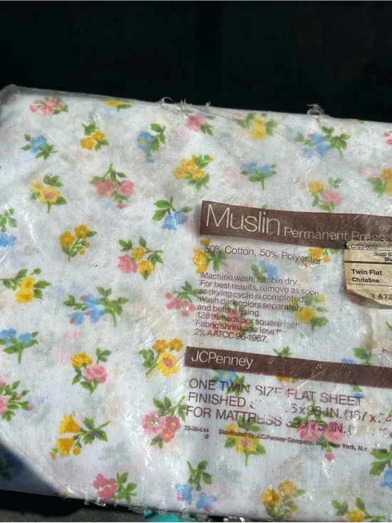 Vintage jcpenney White Floral Muslin Sheet with Yellow, Pink, Blue Flowers
