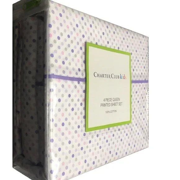 new PURPLE DOTS Charter Club 100% Cotton QUEEN Sheet Set fits 16